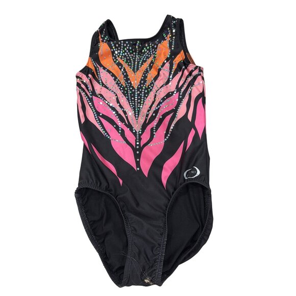 Ozone One-Piece Gymnastics Leotard Black With Pink/Orange Abstract Design & Rhin - Picture 3 of 5